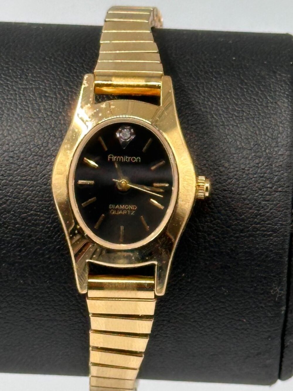 Armitron Watch Women Gold Tone Black Oval Dial Stretch Band New Battery 6"